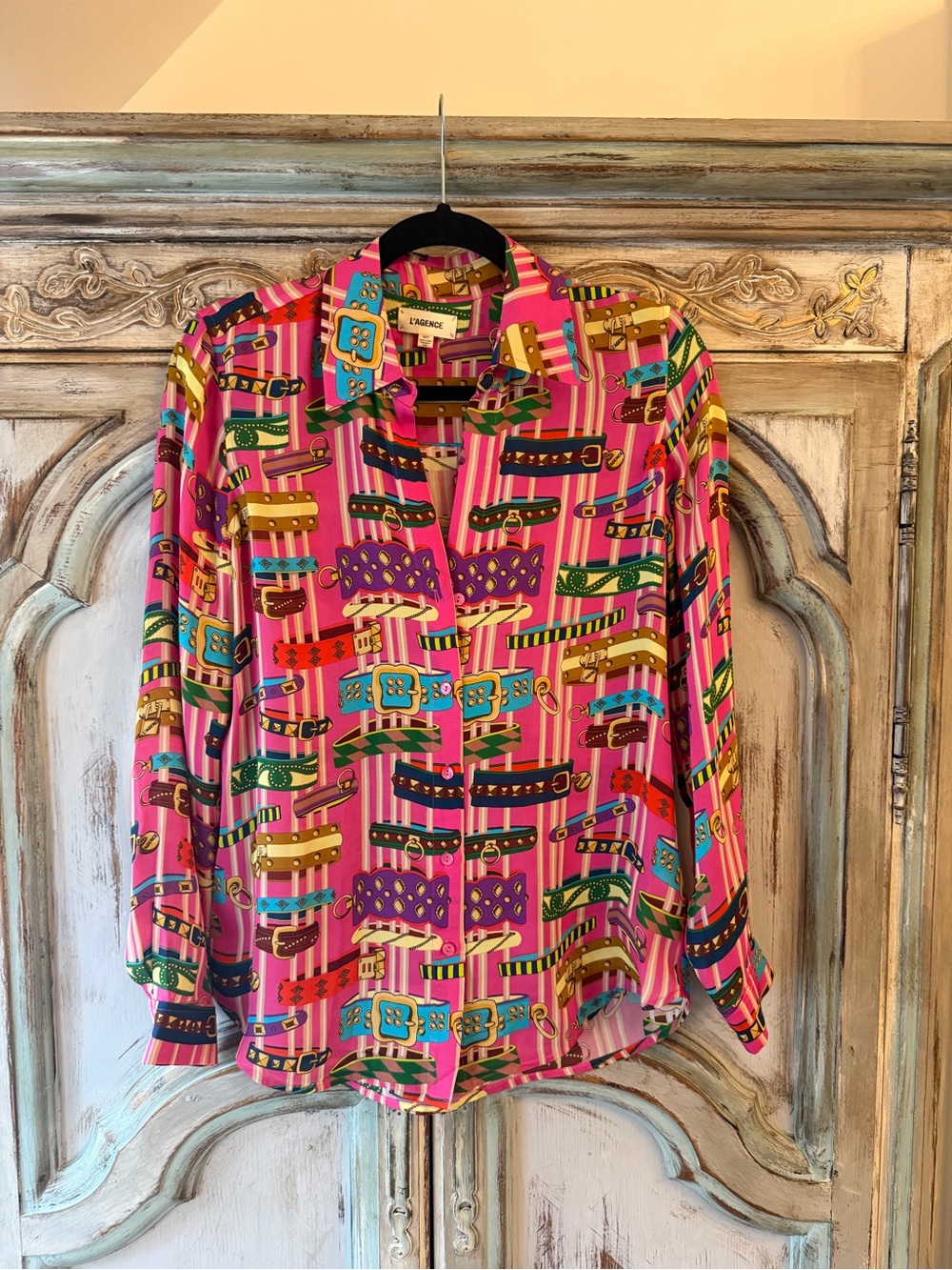 L'AGENCE Pink Multicolor Belt-Print Silk Blouse
